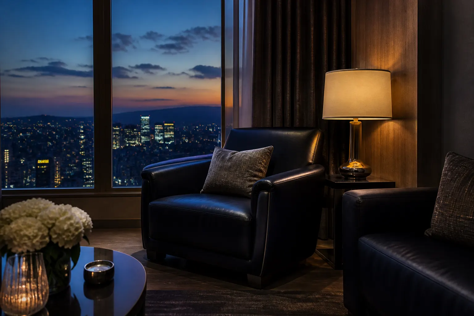 Salon d’agence au crépuscule, fauteuil et fenêtre sur la ville